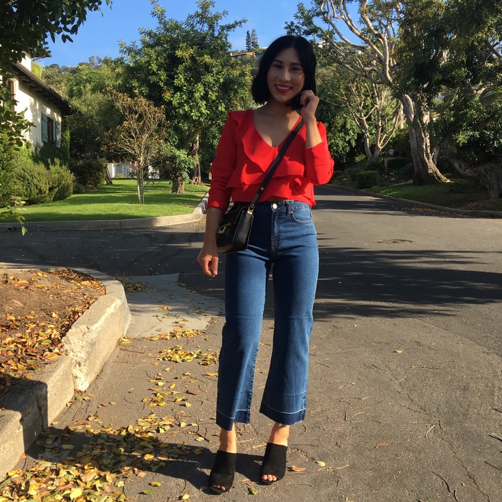 Cropped kick flare jeans with raw hem